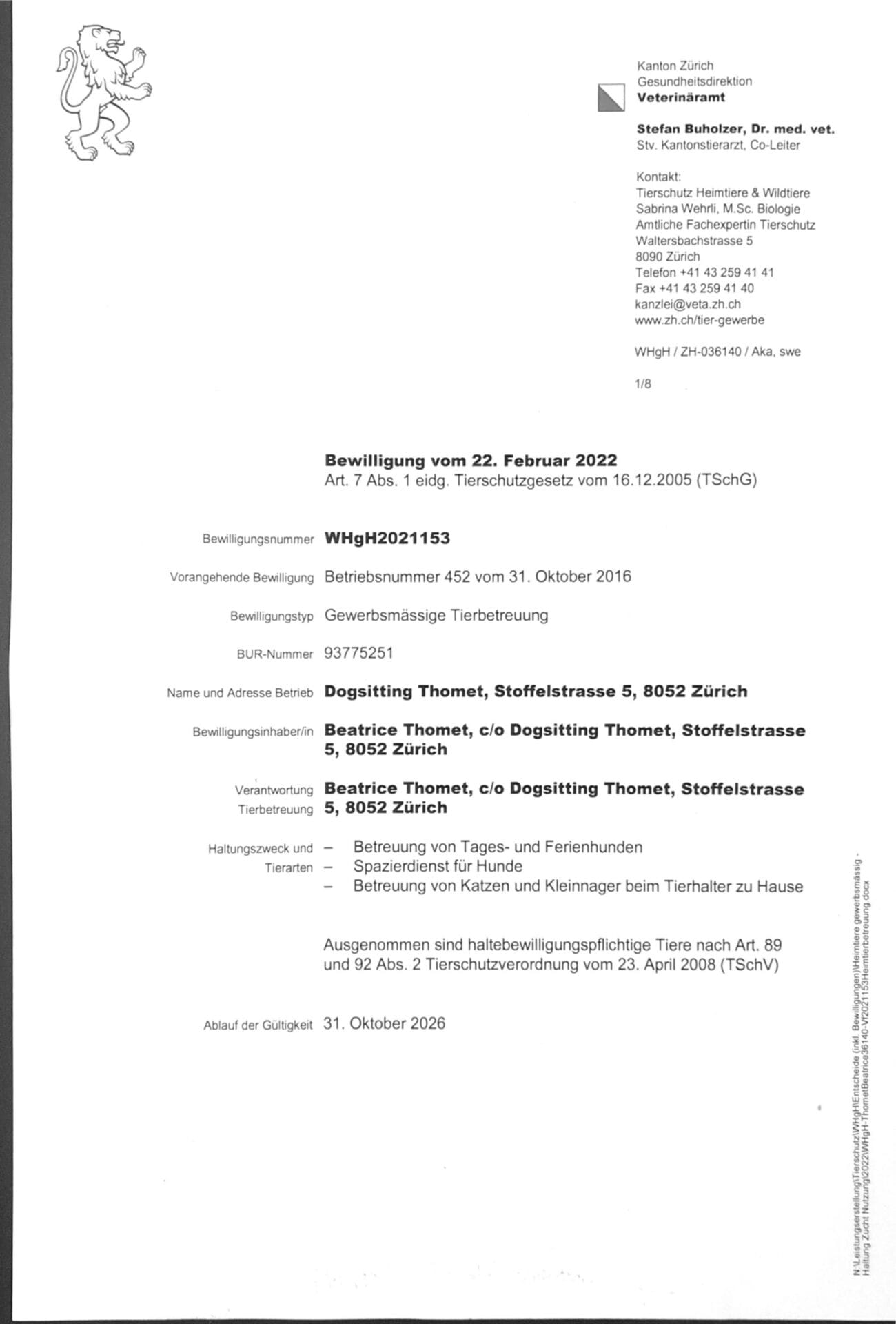Bewilligung Veterinaeramt bis 2026